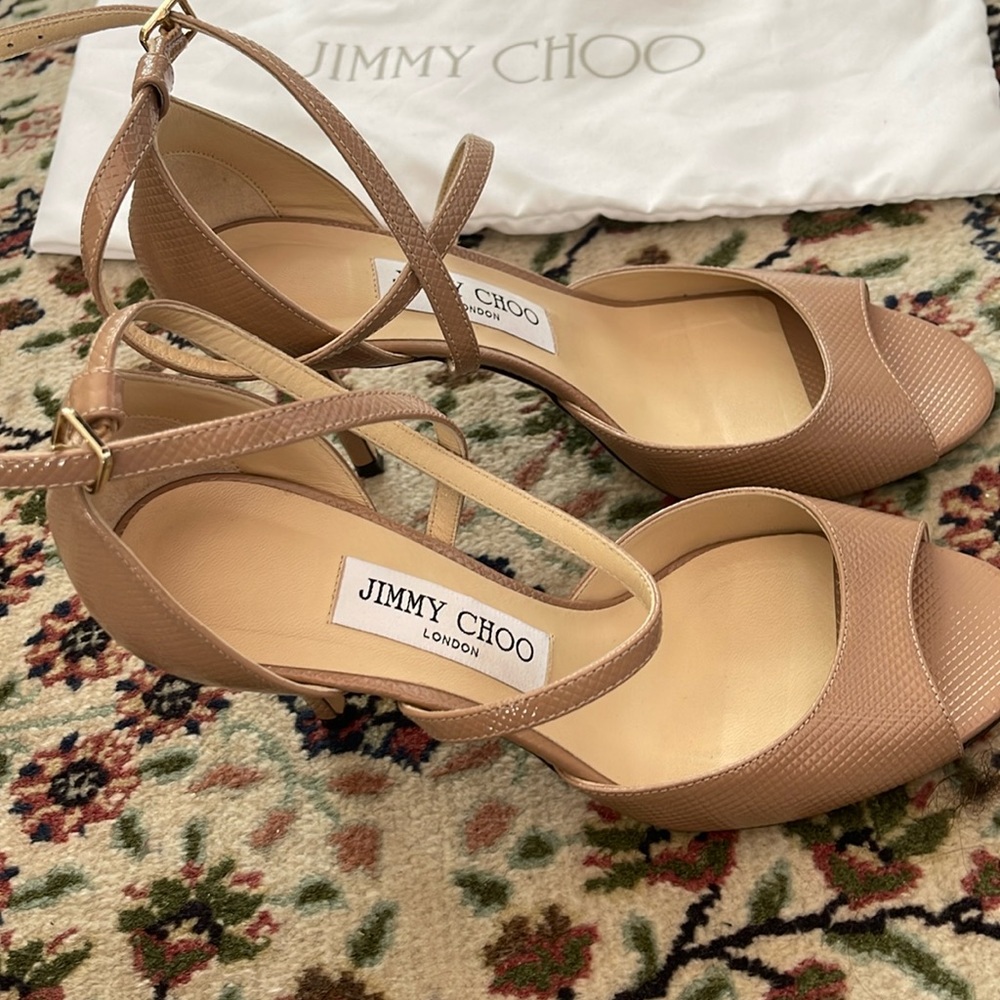 Jimmy Choo Emsy 85mm open toe sandal heel in ballet pink; size 36.5